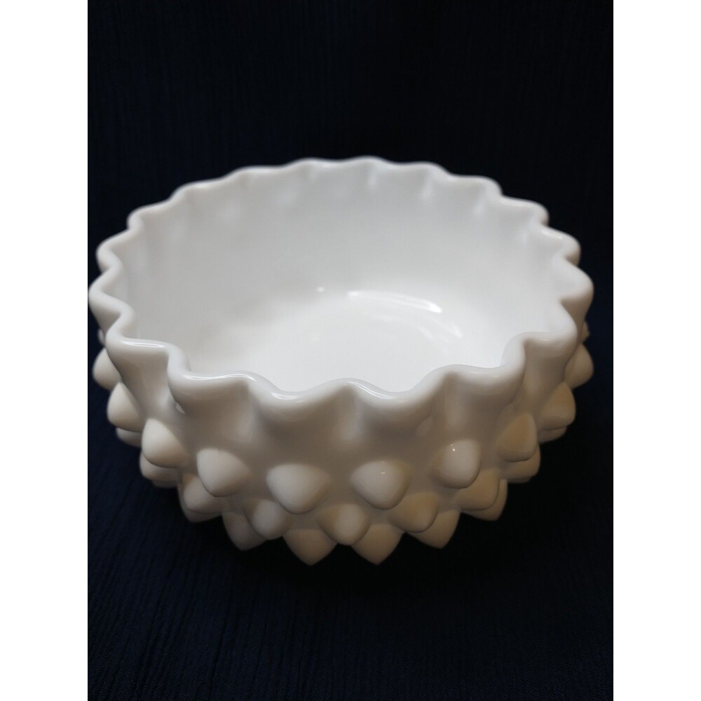 White Milk Glass Hobnail Round Bowl with Scalloped Rim Glossy Finish